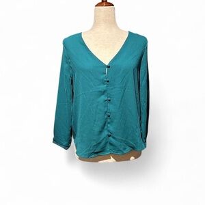 Elegant Teal V-Neck Button-Down Women's Shirt